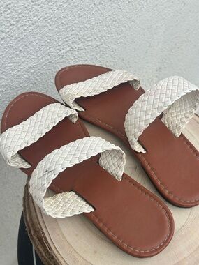 Woven Double-Strap White Slide Sandals for Women